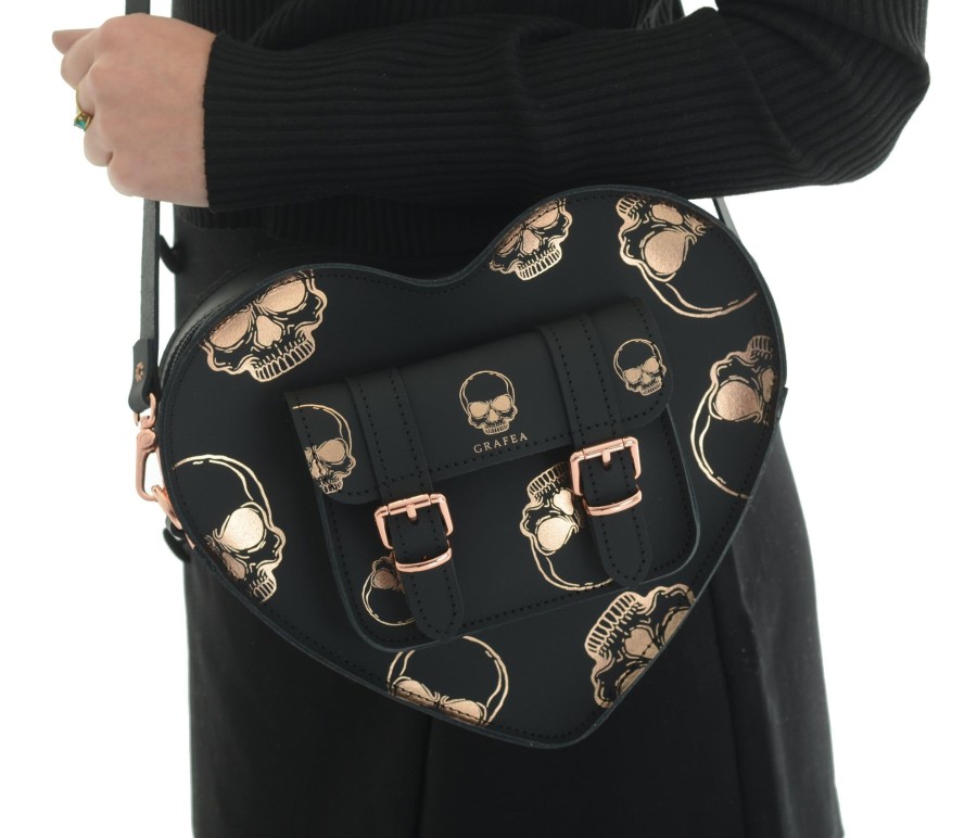 Femme Grafea Heart Satchel | Heart Satchel Rose Gold Skulls